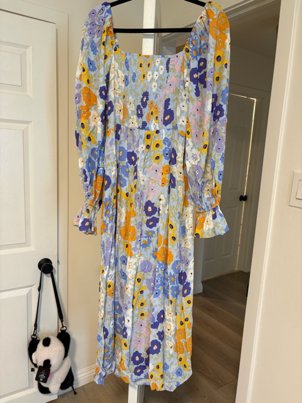 Other Stories Flowy Puff Sleeve Dress in Light Blue, Yellow & Purple